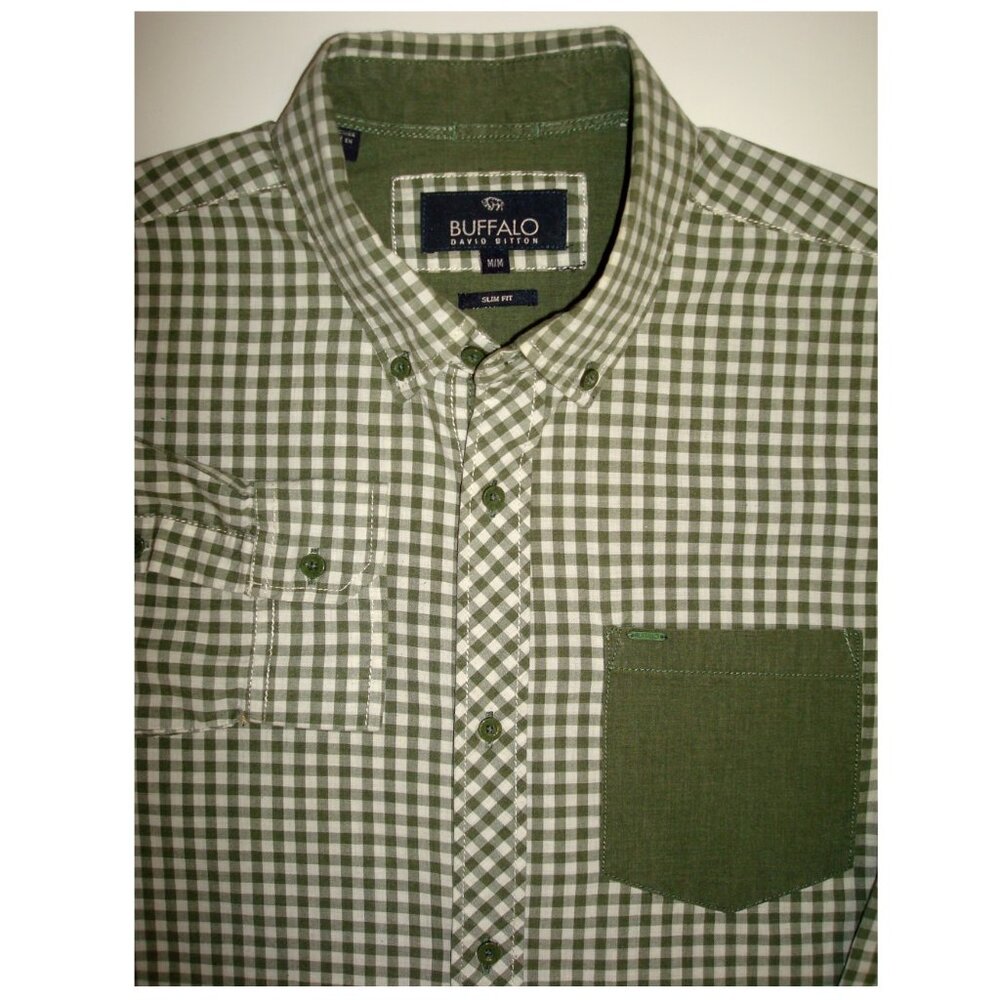BUFFALO DAVID BITTON "Slim Fit" Olive Green & Tan Checked Long Sleeve Shirt